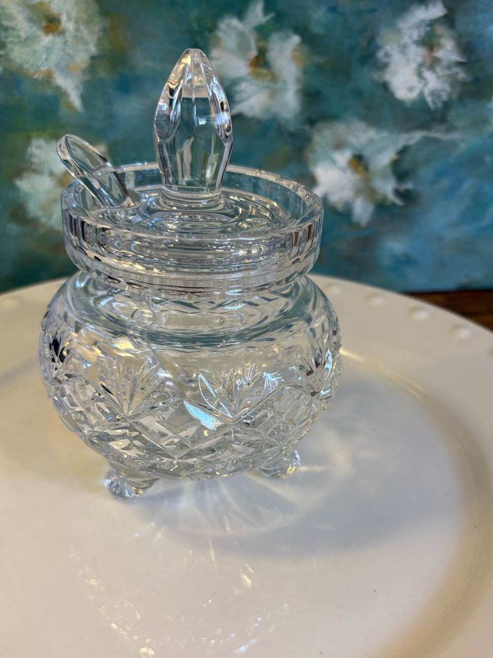 3-footed crystal jam / condiment jar with lid and spoon